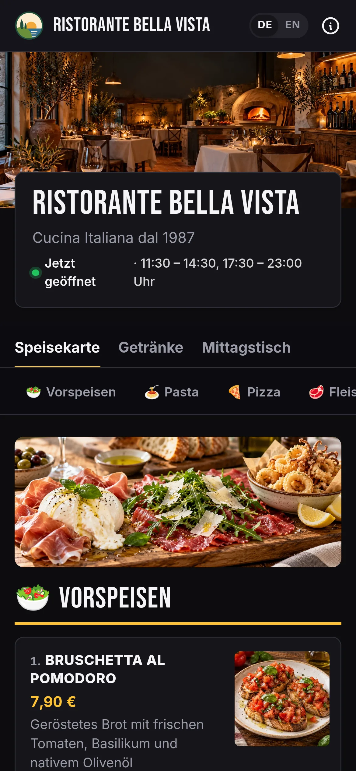 Dieselbe Speisekarte als QR-Speisekarte auf dem Smartphone