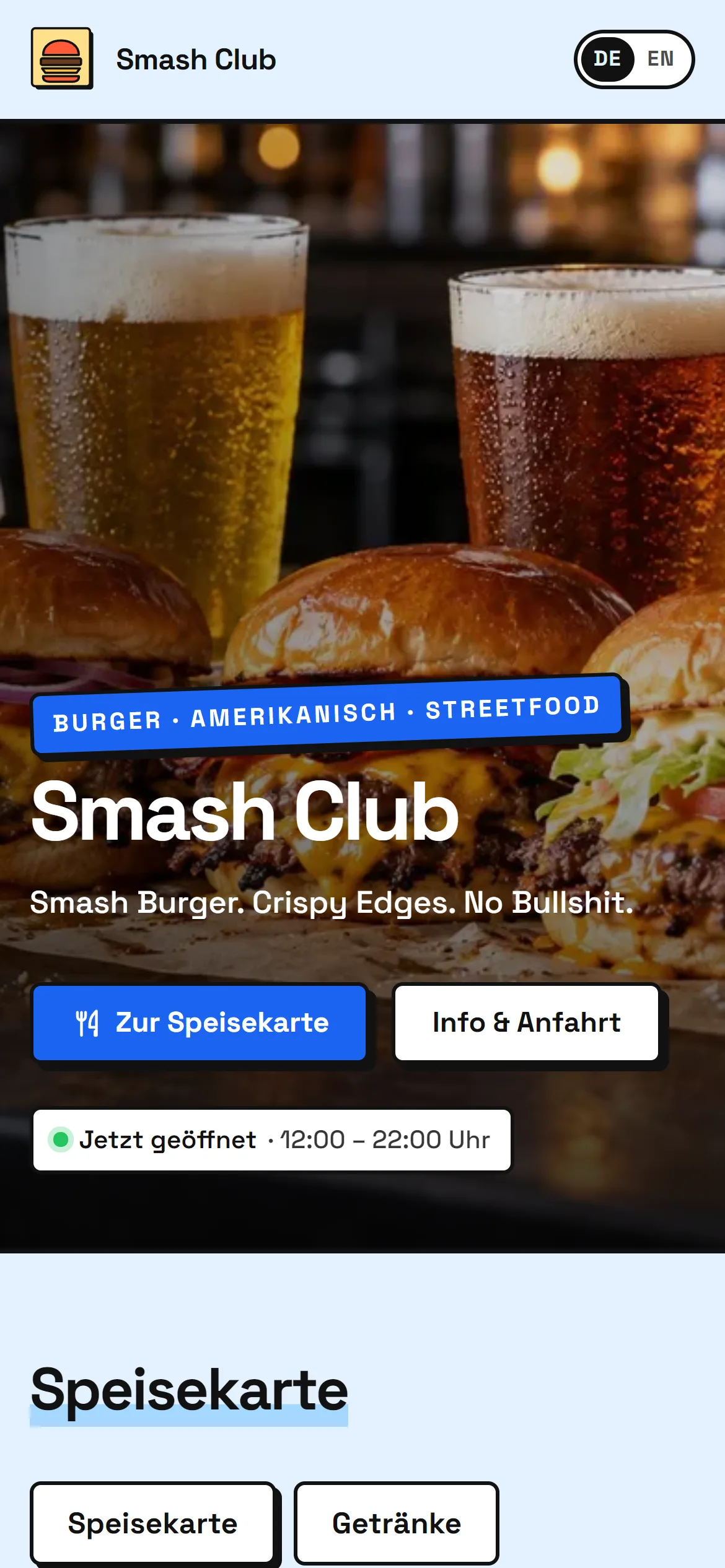 Webseite von Smash Club im Design „Neo“ mit der Farbpalette Blau