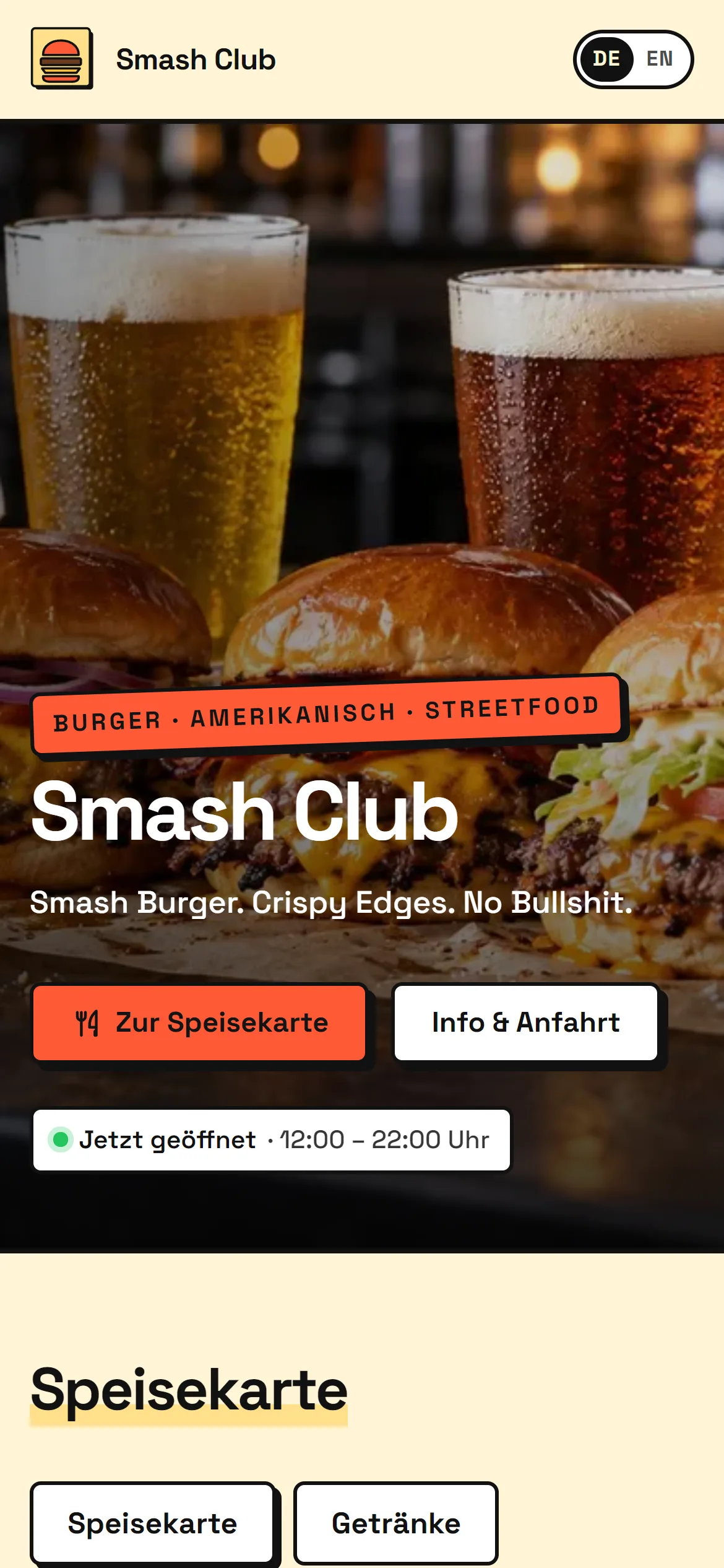 Webseite von Smash Club im Design „Neo“ mit der Farbpalette Gelb