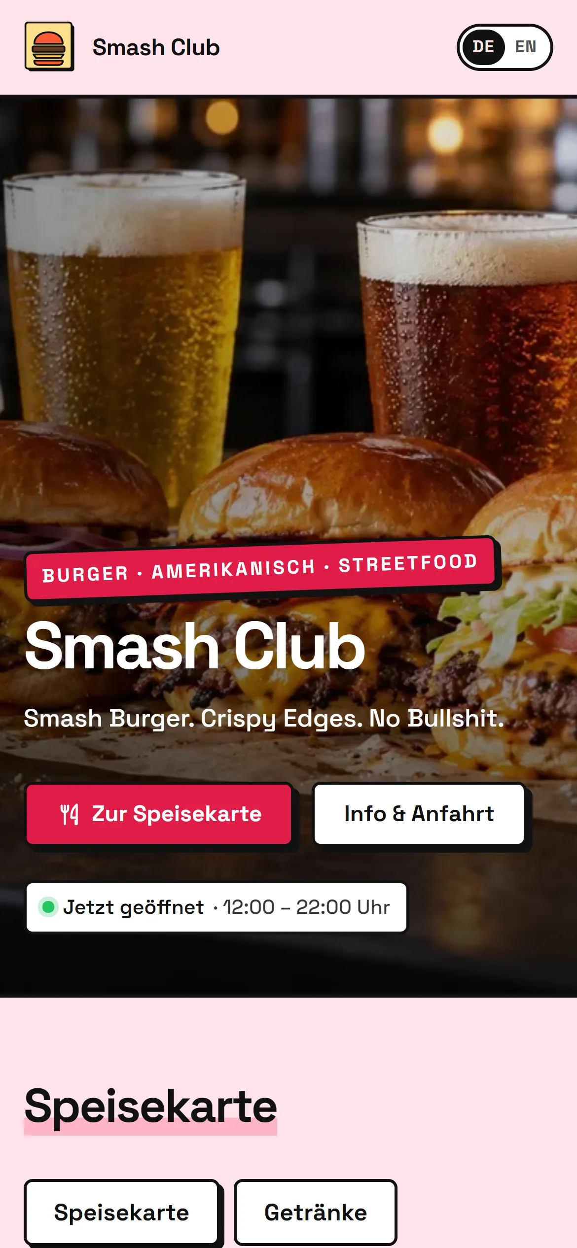 Webseite von Smash Club im Design „Neo“ mit der Farbpalette Rot